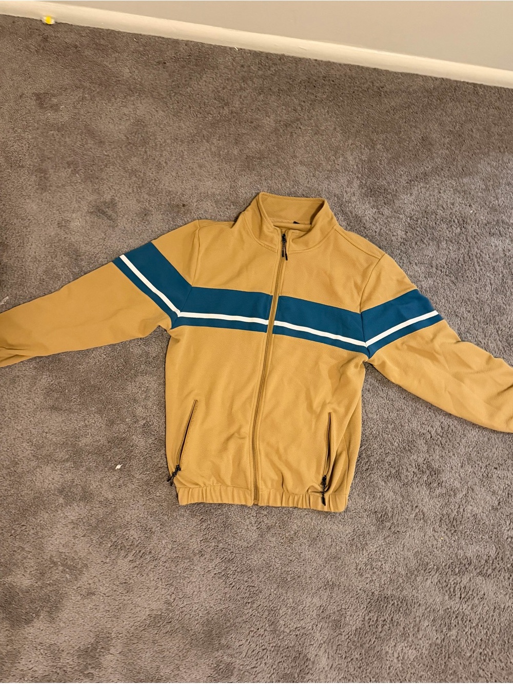 Fashion Nova Men's Mustard Jacket with Teal and White Stripes